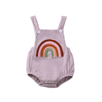 FOCUSNORM 0-12M Infant Baby Girls Boys Cute Overalls Romper Sleeveless Rainbow/Strawberry Embroidery Square Neck Ribbed Jumpsuit