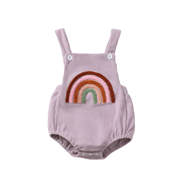 FOCUSNORM 0-12M Infant Baby Girls Boys Cute Overalls Romper Sleeveless Rainbow/Strawberry Embroidery Square Neck Ribbed Jumpsuit