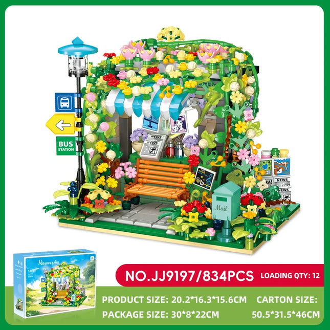 JJ9197 Street Scene Bus Stop Building Blocks DIY MOC Model Desktop Decor Adult Collectible Gift Birthday Holiday
