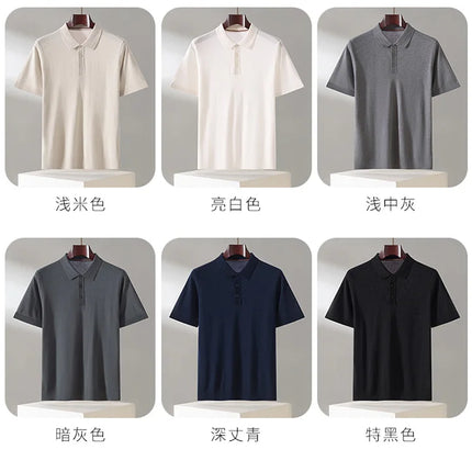 100% Lyocell men's T-shirt casual solid color knitted pullover short sleeved loose POLO collar Tees Pull on vest Tops