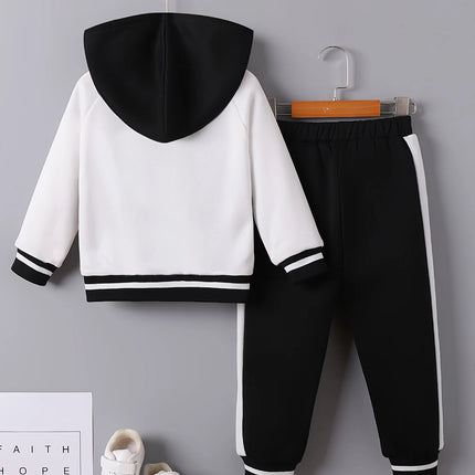 《Toddler 2-Piece Set: Black & White Letter "M" Hooded Baseball Jacket with Matching Pants, Fleece-Lined Kids Outfit》