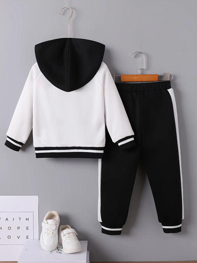 《Toddler 2-Piece Set: Black & White Letter "M" Hooded Baseball Jacket with Matching Pants, Fleece-Lined Kids Outfit》