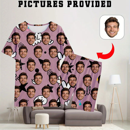 Men's Women's Facial Printed T-Shirt Shorts Set Personal Photo Customize Pajamas Comfortable Loose Home Set Valentine's Day Gift