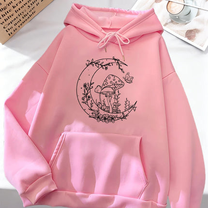 Mushroom Butterfly Moon Flower Prints Women Hoodies Autumn Pocket Streetwear Loose Casual Pullover Comfortable Fleece Hoody