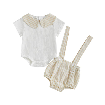 Pudcoco Baby Boys Shorts Set Doll Collar Romper with Plaid Suspender Shorts Summer Outfit 0-18M