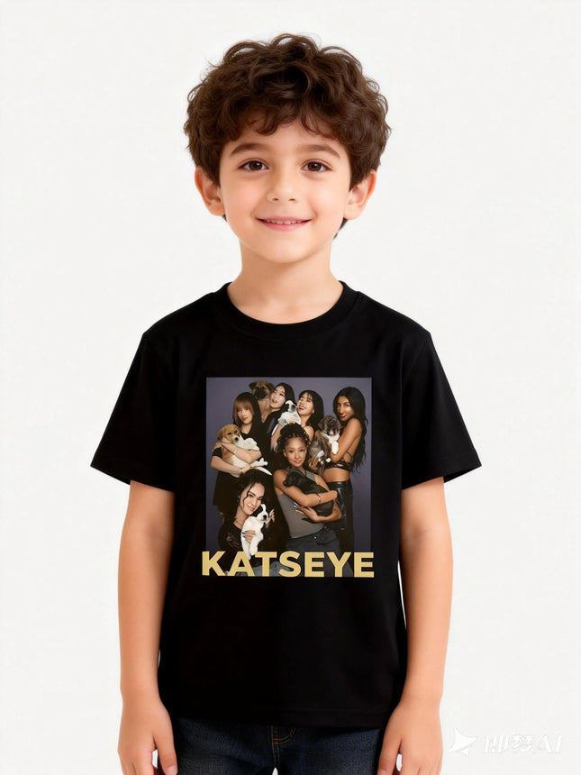 KATSEYE Printed Design T-Shirt Casual Short Sleeve Crew Neck Suitable for Children Men and Women Cotton Top