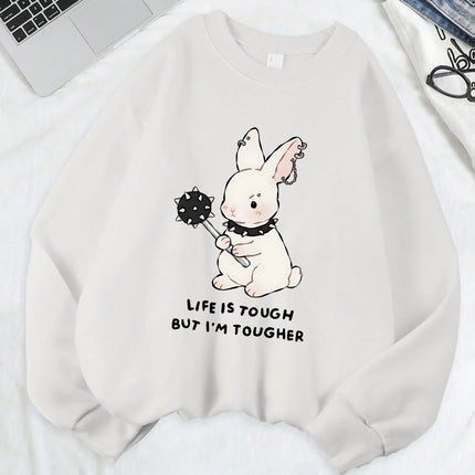 Cute Punk Style Rabbit Printing Sweatshirts Women Soft Fleece Warm Hoodie Winter Loose Pullover Casual Crewneck Woman Clothes