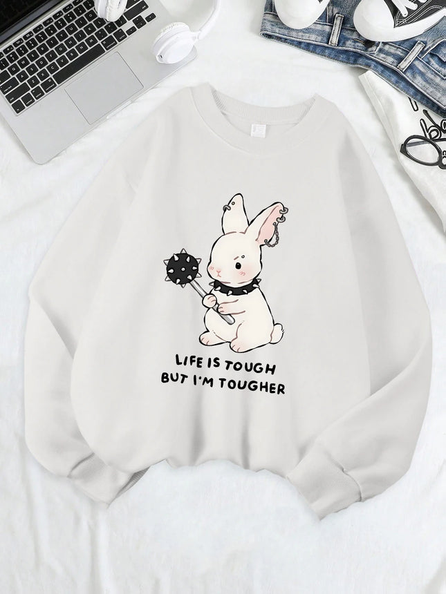 Cute Punk Style Rabbit Printing Sweatshirts Women Soft Fleece Warm Hoodie Winter Loose Pullover Casual Crewneck Woman Clothes