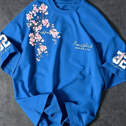 Hot selling summer men's Brooklyn cherry blossom letter print comfortable and breathable round neck T-shirt outdoor street top