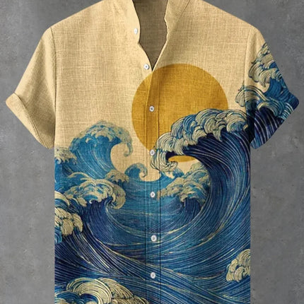 Men's Japanese Retro Art Black Cat Print Shirt Short Sleeve Stand up Collar Single Breasted Casual Linen Top for Vacation