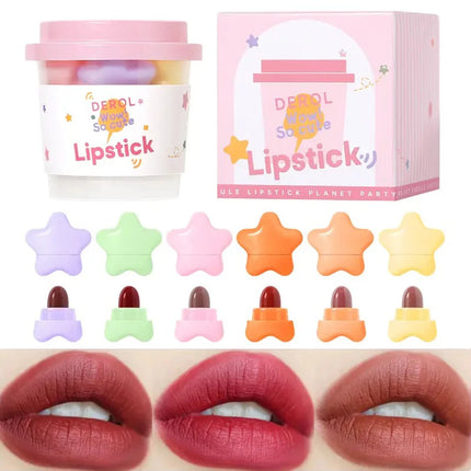 6pcs/set Long Lasting Star Mini Lipstick, Candy Color Matte Velvet Mist Portable Waterproof Lipstick Set