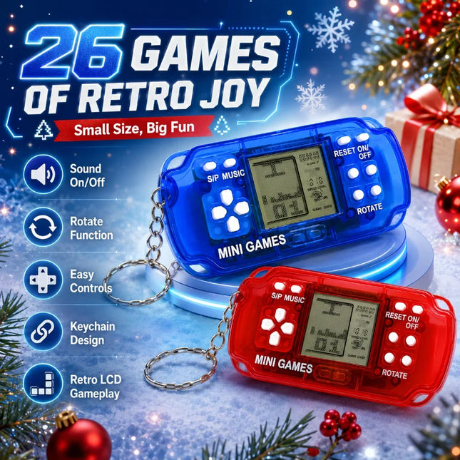 Hot Selling Mini Handheld Game Keychain Classic Tetris Retro Pocket Electronic Game Machine 26 Games Surprise Gift
