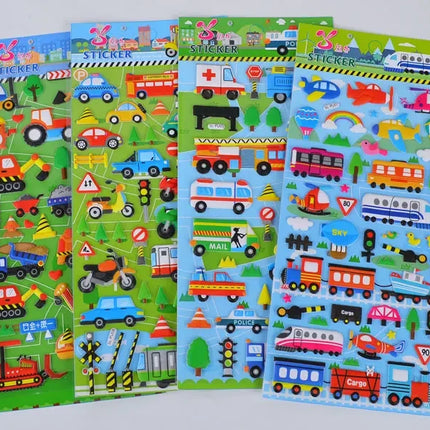 6 Sheets 3D Bubble Sticker Car Truck Plane Traffic Waterproof Cartoon Anime Stickers For Girl Boy Kids Funny Educational Toys