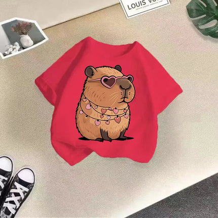 2025 Summer New Cute Animal Kapibala Fashion Printed Children's T-shirt Short Sleeve Fashion Pure Cotton Children's Clothing