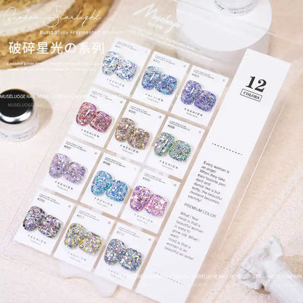 MUSELUOGE 12color Broken Starlight Glitter Gel Nail Polish Explosion-flash Semi Permanent Soak Off UV Nail Gel For Nail Salon