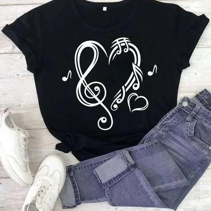 Fashion Women T Shirt Musical Note Printed T Shirt Casual Black Tops 90s Ladies Girls Tee Shirt Female Harajuku Graphic T-shirt