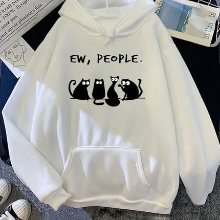 American Vintage 2025 Autumn Winter Woman Hoodies EW PEOPLE Letter Print Top Funny Harajuku Cartoon Black Cat Pattern Clothing