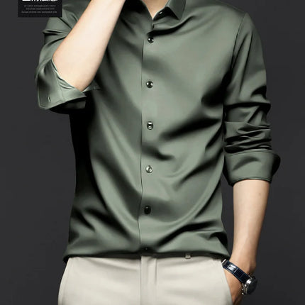 6XL Men Shirt Long Sleeve Slim Fit Luxury Smooth Soft Anti-wrinkle Non-ironing Solid Color Ice Silk Shirts Men Long Sleeve