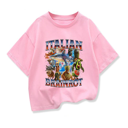 Kids Loose T-shirt Children's Summer Short Sleeved Tops With Funny Italian Brainrot Meme Graphic Boys Basic Pure Cotton Clothes