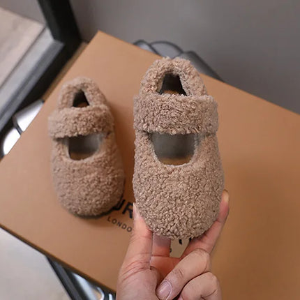 Children Fur Shoes 2024 Winter Kids Warm Plush Shoes For Girl Flat Loafers Moccasins Girls Casual Shoes Khaki, Beige