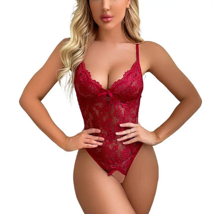 Red Sexy Crotchless Lingerie Women Lace Hollow Bodysuit Erotic Costumes Teddy Stripper Outfit Deep V Exotic Porn Underwear Set