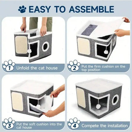 4-Season Multi-Level Cat House: Foldable Indoor Play Cube with 2-Layer Bed, Toy Tunnel, Scratching Board, Climbing Rope, Soft Cushions, and Non-Slip Base - Perfect Cat Cave & Warm Bed for Small to Large Cats (Grey）