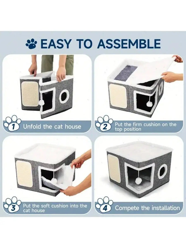 4-Season Multi-Level Cat House: Foldable Indoor Play Cube with 2-Layer Bed, Toy Tunnel, Scratching Board, Climbing Rope, Soft Cushions, and Non-Slip Base - Perfect Cat Cave & Warm Bed for Small to Large Cats (Grey)