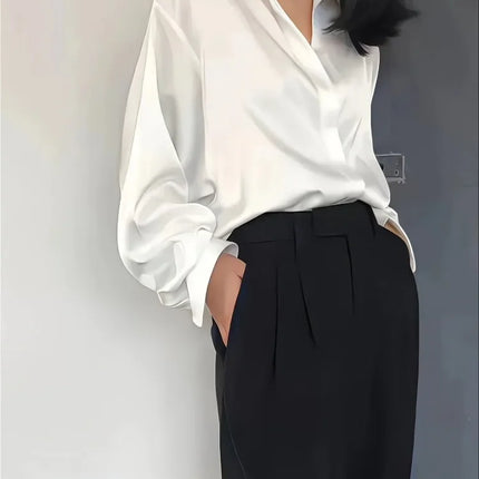 Plus Size Casual Women Silk Shirt 2025 New Fashion Loose Long Sleeve Button-Down Blouse Female Elegant Top Office Acetate Shirts