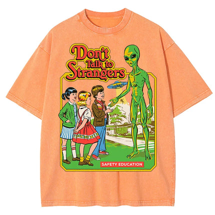 Cartoon Alien Classic Communication Print Women T-shirt Breathable Cotton Short Sleeve Washed Vintage Worn Out Female T Shirts
