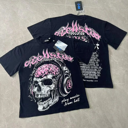 Retro Washed Loose Ex-Ort Sweet T-shirt Hell Star Skull Letter Print High Street Short Sleeve Summer Top for Men and Women