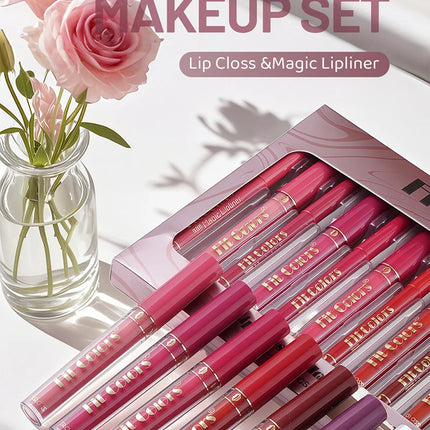 Matte Lip Gloss & Lipliner Pen Set Makeup Women Gift 24h Long-lasting Waterproof Non Stick Cup Mirror Lipstick Sexy Lips Makeup