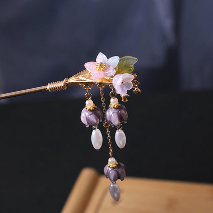 Chinese Purple Flower Hair Sticks Hanfu Decor Hairpins For Girls Tassel Pearl Hair Bun Chopsticks Retro Party Hair Clasp Jewelry