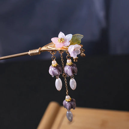 Chinese Purple Flower Hair Sticks Hanfu Decor Hairpins For Girls Tassel Pearl Hair Bun Chopsticks Retro Party Hair Clasp Jewelry