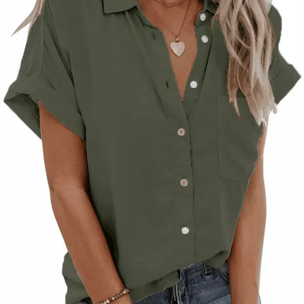 Plus Size 1XL-5XL Women's Casual Solid Color Button-Up Short Sleeve Lapel Shirt  Ladies Fashion Lapel Collar Blouse Shirt