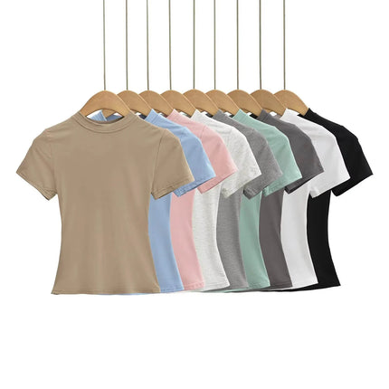 2025 New High Quality Casual T-shirt Sexy Slim Short Sleeves Fashion Trend Solid Women Clothing Y2K Tops