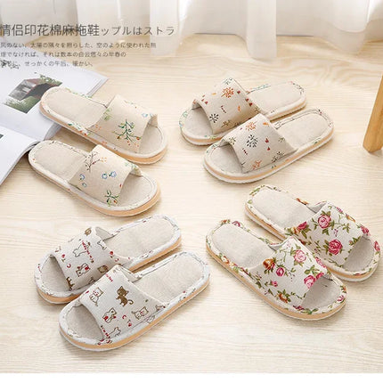 Four Season Linen Home Slippers Women Autumn Indoor Casual Floral Slides Couples House Non-slip Sandals Adults Cartoon Cat Shoes