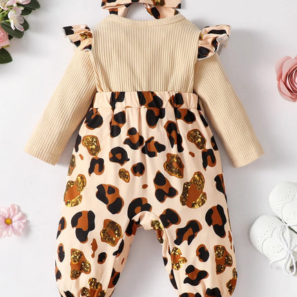 Baby Girl Leopard Print Ruffle Trim Bow Front Jumpsuit & Headband