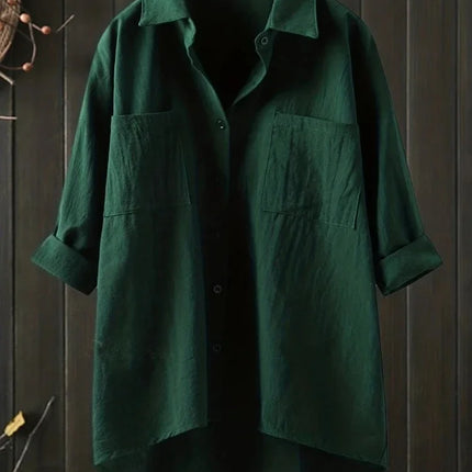 Plus Size Boho Women Summer Shirt Ladies Casual Button Down Long Sleeve Blouse Elegant Loose Lapel Pocket Tops Turn-down Collar