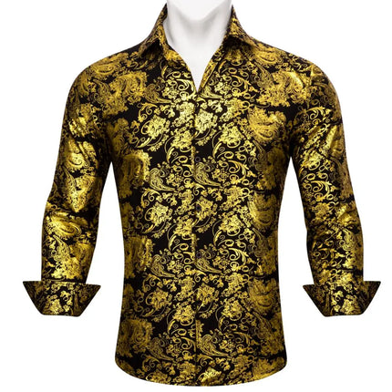 Luxury Silk Shirts for Men Long Sleeve Gold Black Floral Embroidered Regular Slim Fit Male Tops Regular Lapel Bloues Barry Wang