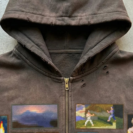 Y2K Retro Gallery Hoodie Brown Pixel Painting Art Pattern Zip Up Sweatshirt Trendy Classic Streetwear Unisex Oversize Clothing