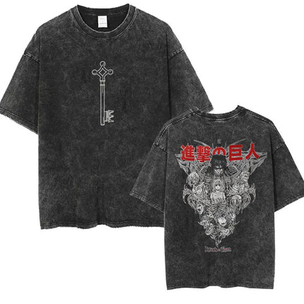 Anime Attack on Titan Vintage Washed Print T-shirt Mikasa Ackerman Eren Jaeger Wings of Freedom Logo Men's Summer Cotton T-shirts