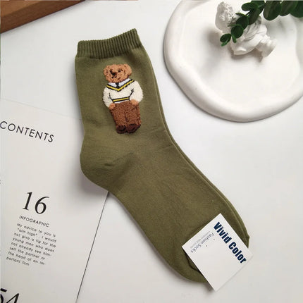 Cute Trendy Cartoon Bear Mid-Calf Cotton Socks for Women Casual Sweater Adult Female Bear Socks Comfortable Breathable Home Wear