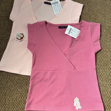 New Rose Red Slim Crop Top Woman Sexy V-neck Short Sleeve Cotton Cropped T-shirt Solid Casual Simple Sweet All-match Tee Tops