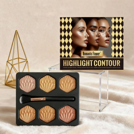 6-Color Bronzed Fine Glitter Highlighter Palette - Eyeshadow Brush Included Contour Highlighter Sculpts Facial Bones