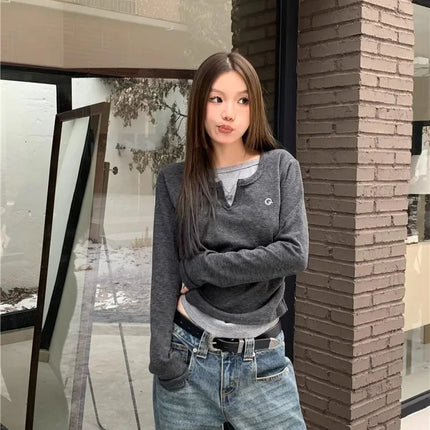 2024 Autumn Winter Long Sleeves Korean Fashion Style O-neck T-shirt for Women Fake Two-Piece T-shirts Ladies Top Tee Clothes