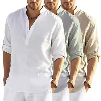 Men's Long Sleeve Cotton Linen Shirt Casual Shirt Oversize Plus Size S-5XL Henley Collar Beach Style Hawaiian Vacation