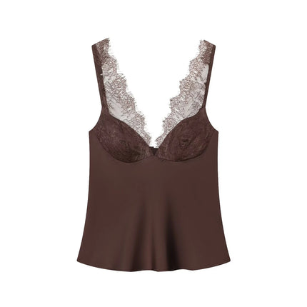 European and American style 25 winter new lace detail decoration heart-shaped neckline fine shoulder strap silk texture top