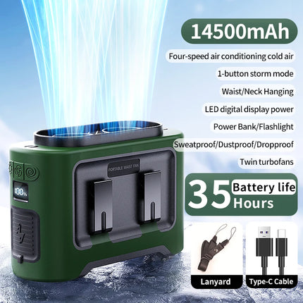 Socoolfan 14500mAh Outdoor Fan Portable Waist Hanging Neck Strong Dual Air Vents Fans for Travel Sports Courier Outdoor Working