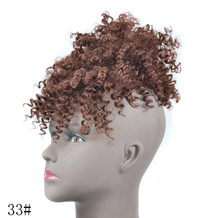 Afro Puff Updo Hair with Bangs Drawstring Ponytail Black Kinky Curly Ponytail Bun with Bangs Synthetic Hairpiece For Women