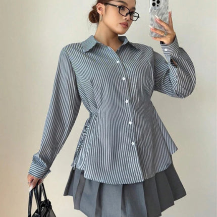 Plus Size Women's Striped Minimalist Shirt 2025 Autumn New Arrival Single-Breasted Long-Sleeved Shirt Casual & Office Wear
